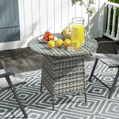Outsunny Wicker Garden Rattan Table, Patio Furniture Outdoor Coffee Table with Umbrella Hole and Tempered Glass Top, Grey 