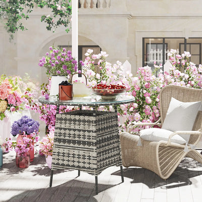 Outsunny Wicker Garden Rattan Table, Patio Furniture Outdoor Coffee Table with Umbrella Hole and Tempered Glass Top, Grey 