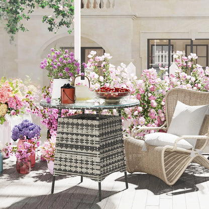 Outsunny Wicker Garden Rattan Table, Patio Furniture Outdoor Coffee Table with Umbrella Hole and Tempered Glass Top, Grey 