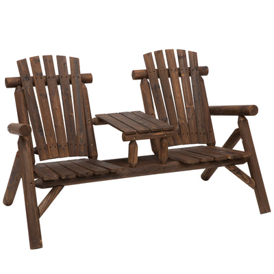 Outsunny Wood Patio Chair Bench 2 Seats Jack and Jill Seat w/ Center Coffee Table, Garden Bench, Carbonized 