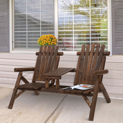 Outsunny Wood Patio Chair Bench 2 Seats Jack and Jill Seat w/ Center Coffee Table, Garden Bench, Carbonized 