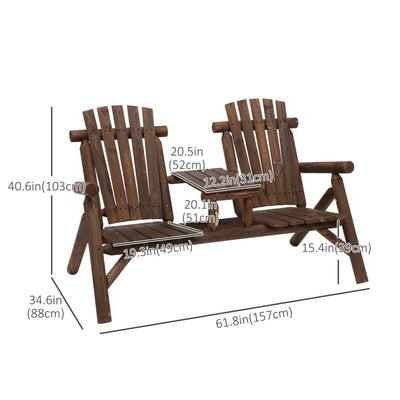 Outsunny Wood Patio Chair Bench 2 Seats Jack and Jill Seat w/ Center Coffee Table, Garden Bench, Carbonized 