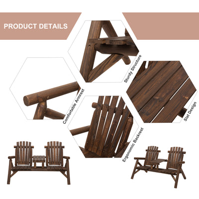 Outsunny Wood Patio Chair Bench 2 Seats Jack and Jill Seat w/ Center Coffee Table, Garden Bench, Carbonized 