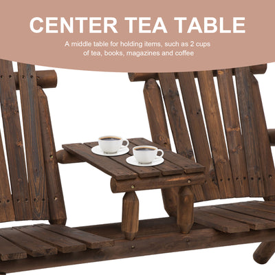 Outsunny Wood Patio Chair Bench 2 Seats Jack and Jill Seat w/ Center Coffee Table, Garden Bench, Carbonized 