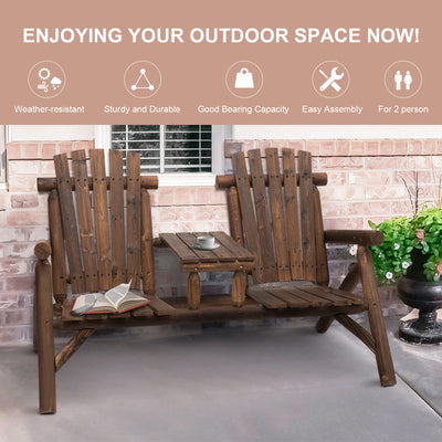Outsunny Wood Patio Chair Bench 2 Seats Jack and Jill Seat w/ Center Coffee Table, Garden Bench, Carbonized 