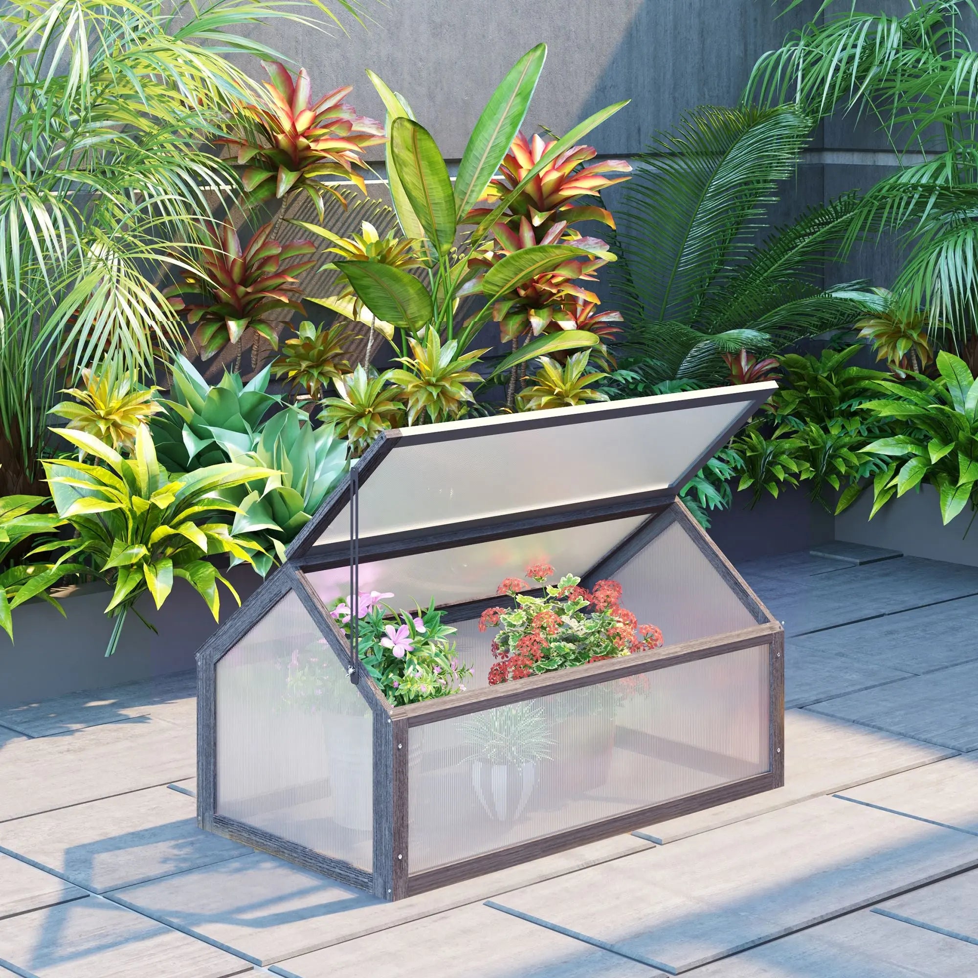 Outsunny Wooden Cold Frame Garden Polycarbonate Greenhouse with Openable Top Cover, Grow House for Flowers, Vegetables, Plants, 90 x 52 x 50cm, Grey 