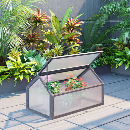 Outsunny Wooden Cold Frame Garden Polycarbonate Greenhouse with Openable Top Cover, Grow House for Flowers, Vegetables, Plants, 90 x 52 x 50cm, Grey 