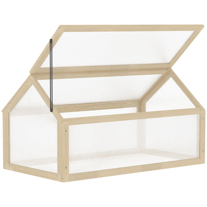 Outsunny Wooden Cold Frame Garden Polycarbonate Greenhouse with Openable Top Cover, Grow House for Flowers, Vegetables, Plants, 90 x 52 x 50cm, Natural 