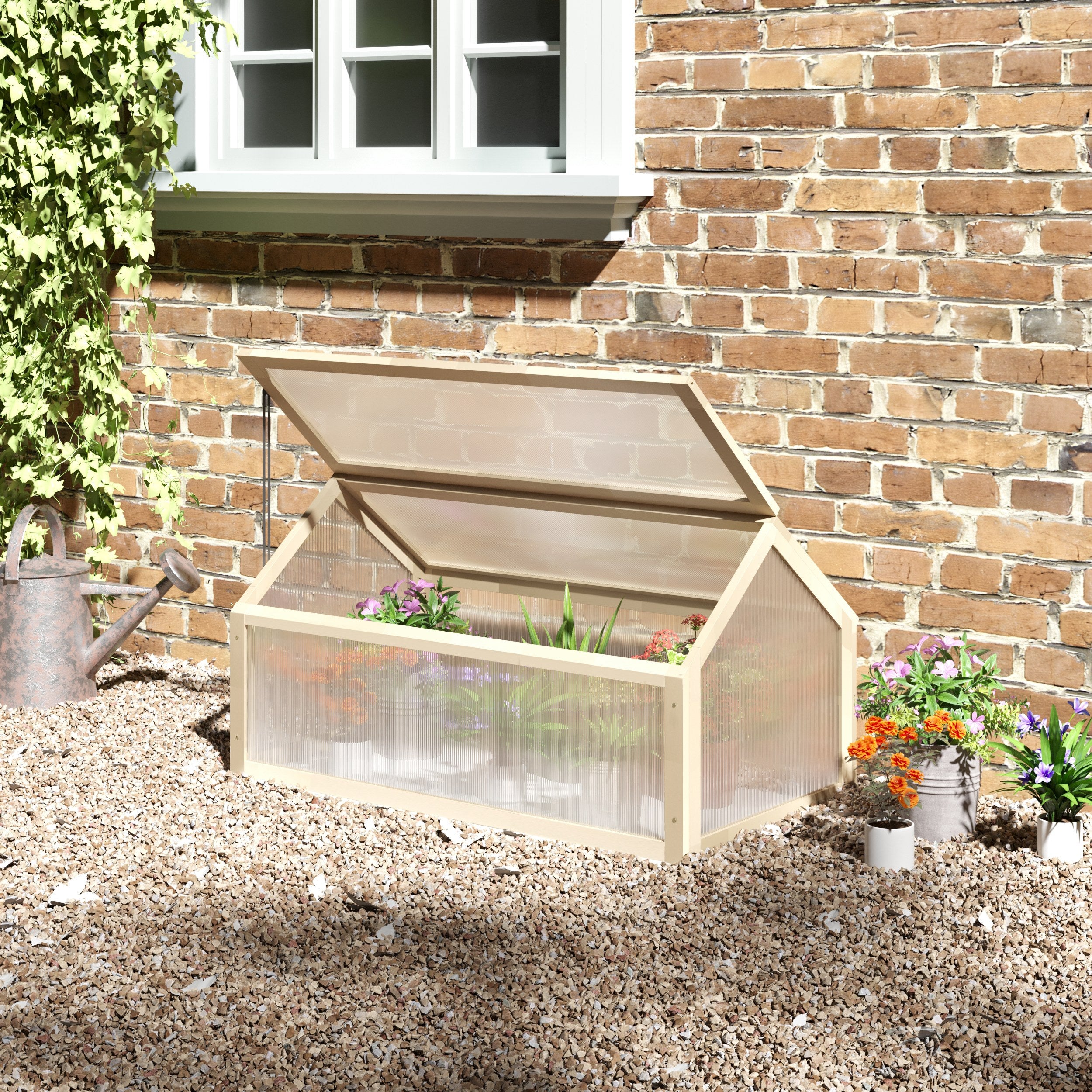 Outsunny Wooden Cold Frame Garden Polycarbonate Greenhouse with Openable Top Cover, Grow House for Flowers, Vegetables, Plants, 90 x 52 x 50cm, Natural 