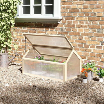 Outsunny Wooden Cold Frame Garden Polycarbonate Greenhouse with Openable Top Cover, Grow House for Flowers, Vegetables, Plants, 90 x 52 x 50cm, Natural 