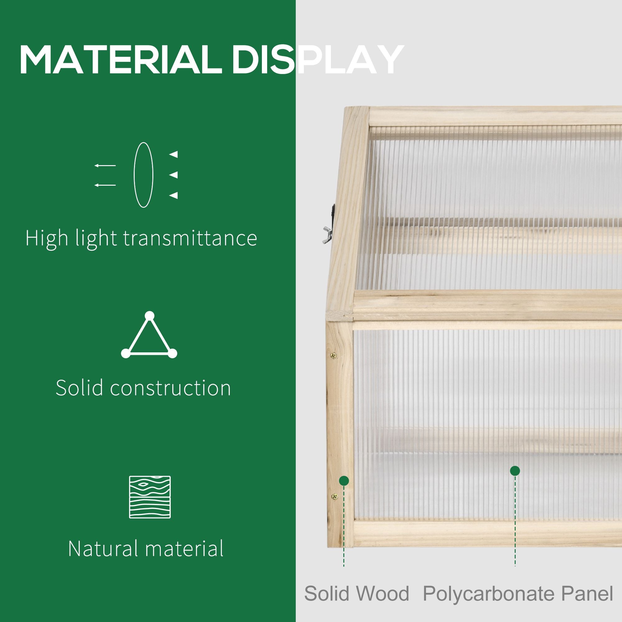 Outsunny Wooden Cold Frame Garden Polycarbonate Greenhouse with Openable Top Cover, Grow House for Flowers, Vegetables, Plants, 90 x 52 x 50cm, Natural 