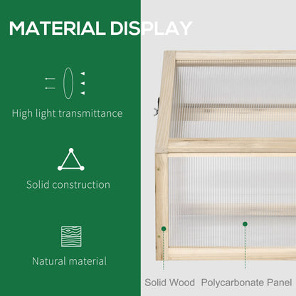 Outsunny Wooden Cold Frame Garden Polycarbonate Greenhouse with Openable Top Cover, Grow House for Flowers, Vegetables, Plants, 90 x 52 x 50cm, Natural 