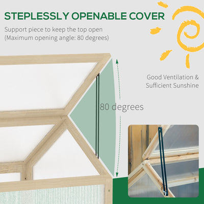 Outsunny Wooden Cold Frame Garden Polycarbonate Greenhouse with Openable Top Cover, Grow House for Flowers, Vegetables, Plants, 90 x 52 x 50cm, Natural 