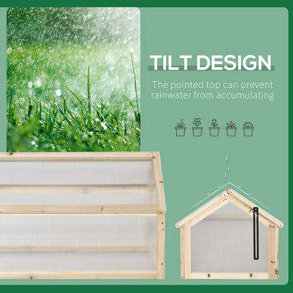 Outsunny Wooden Cold Frame Garden Polycarbonate Greenhouse with Openable Top Cover, Grow House for Flowers, Vegetables, Plants, 90 x 52 x 50cm, Natural 