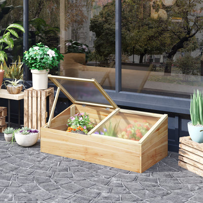 Outsunny Wooden Cold Frame Greenhouse Garden Polycarbonate Grow House  with Independent Openable Top Covers for Flowers, Vegetables, Plants, 100 x 50 x 36 cm, Natural 