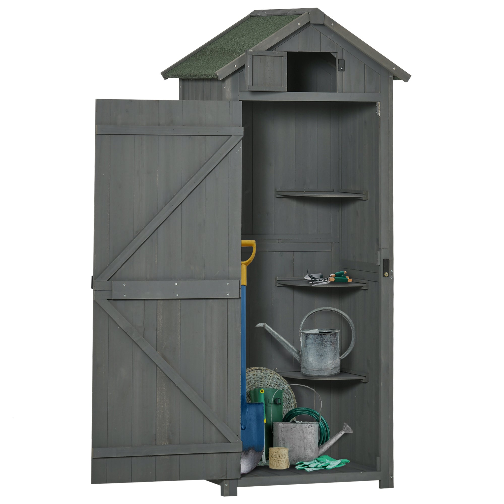 Outsunny Wooden Garden Shed, Utility Outdoor Small Shed with Lockable Double Doors, Shelves and Roof Hatch, Grey 