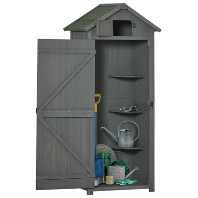 Outsunny Wooden Garden Shed, Utility Outdoor Small Shed with Lockable Double Doors, Shelves and Roof Hatch, Grey 