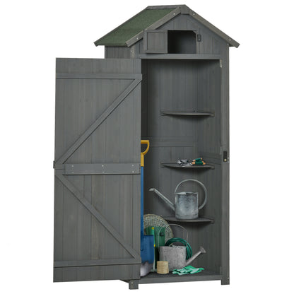Outsunny Wooden Garden Shed, Utility Outdoor Small Shed with Lockable Double Doors, Shelves and Roof Hatch, Grey 