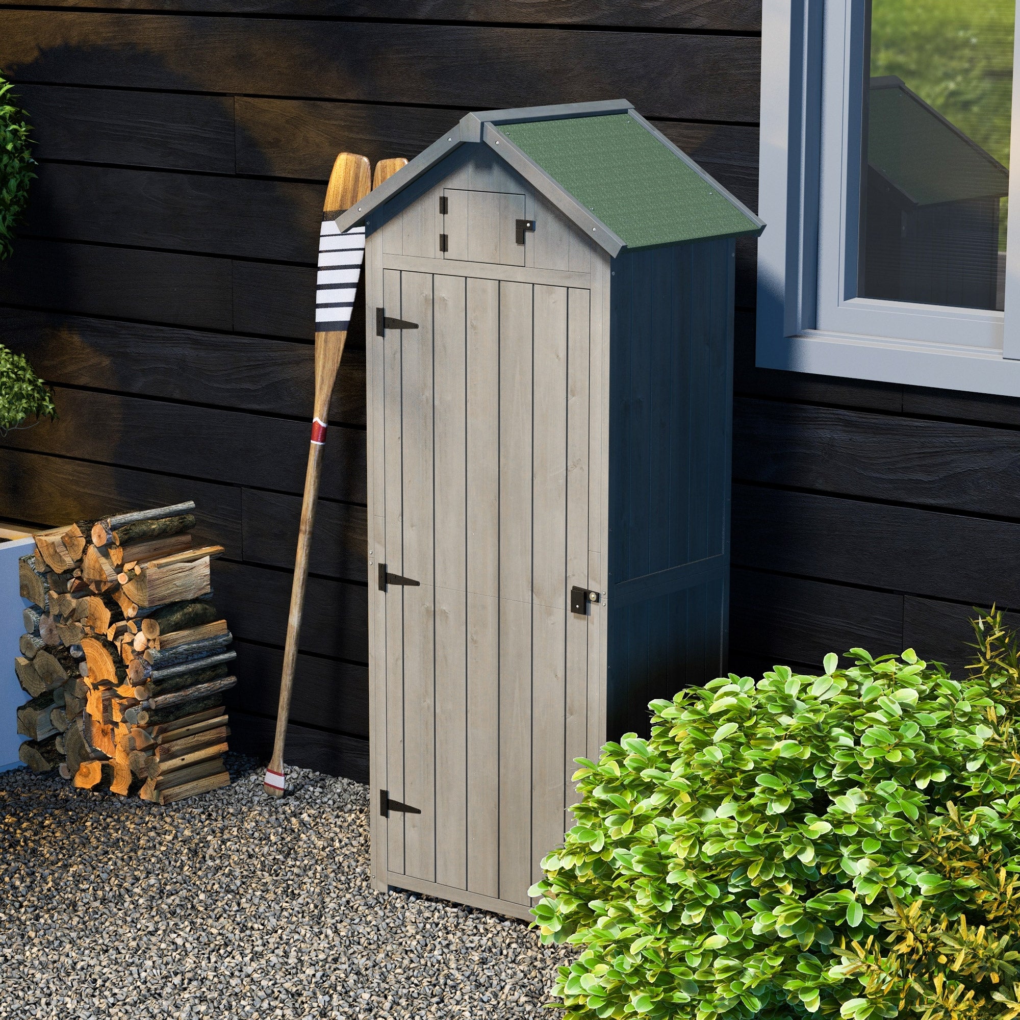Outsunny Wooden Garden Shed, Utility Outdoor Small Shed with Lockable Double Doors, Shelves and Roof Hatch, Grey 