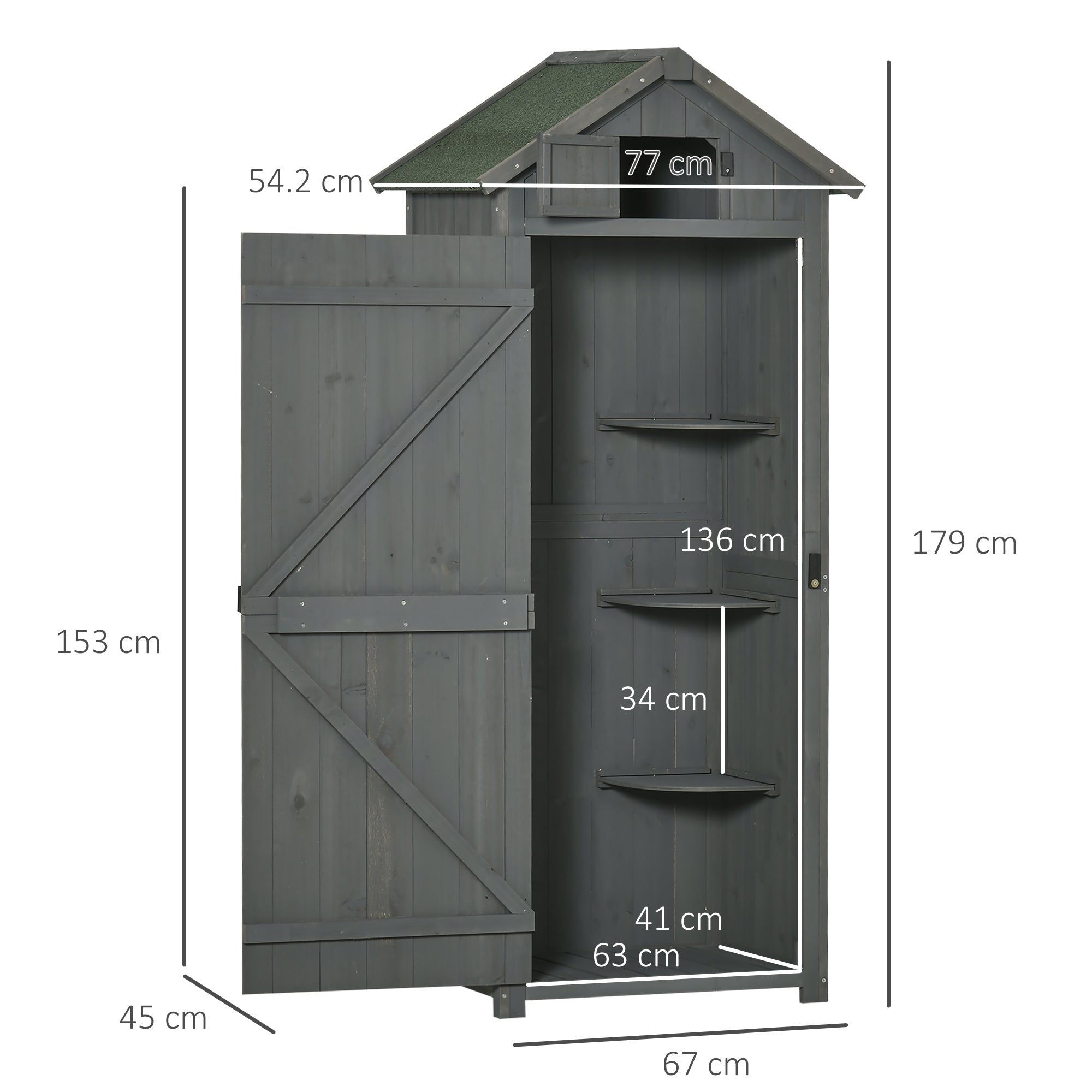 Outsunny Wooden Garden Shed, Utility Outdoor Small Shed with Lockable Double Doors, Shelves and Roof Hatch, Grey 