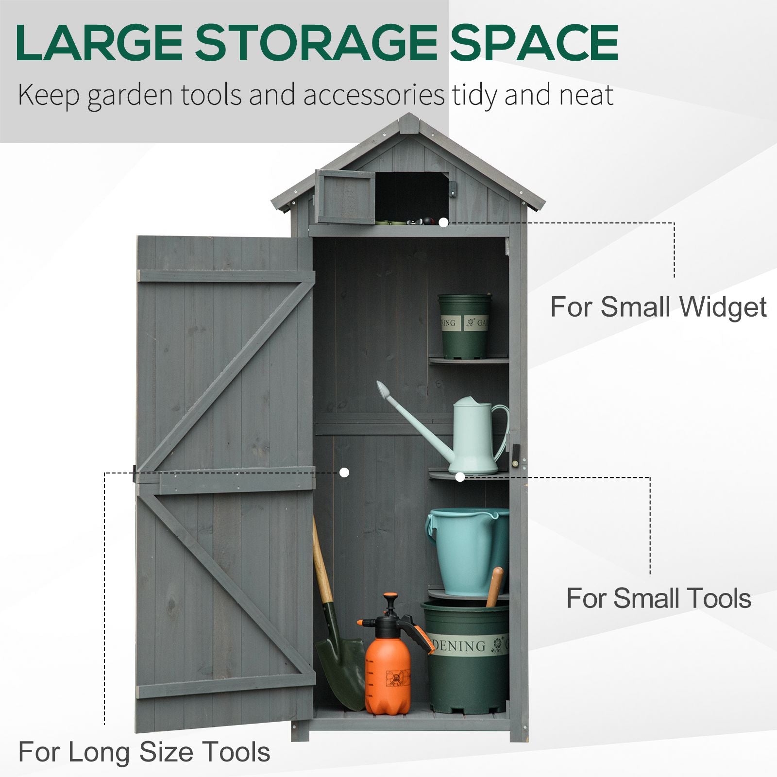 Outsunny Wooden Garden Shed, Utility Outdoor Small Shed with Lockable Double Doors, Shelves and Roof Hatch, Grey 