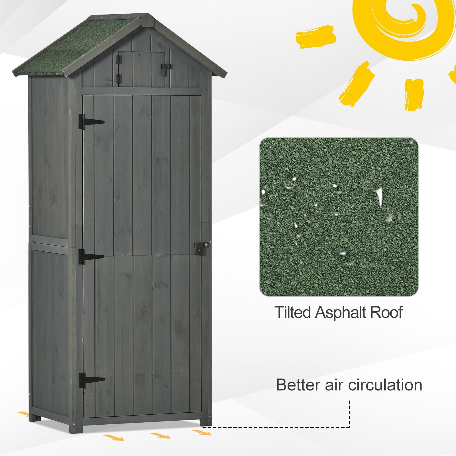 Outsunny Wooden Garden Shed, Utility Outdoor Small Shed with Lockable Double Doors, Shelves and Roof Hatch, Grey 