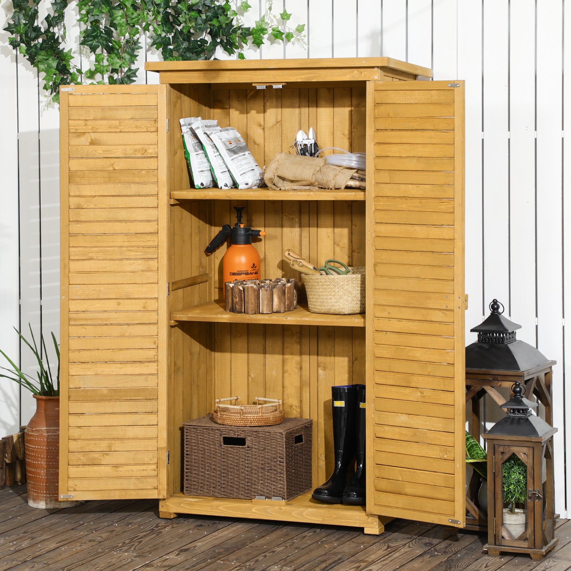 Outsunny Wooden Garden Storage Shed, Compact Utility Sentry Unit, 3-Tier Shelves Tool Cabinet Organizer with Asphalt Roof and Shutter Design, 87cm x 47cm x 160cm 