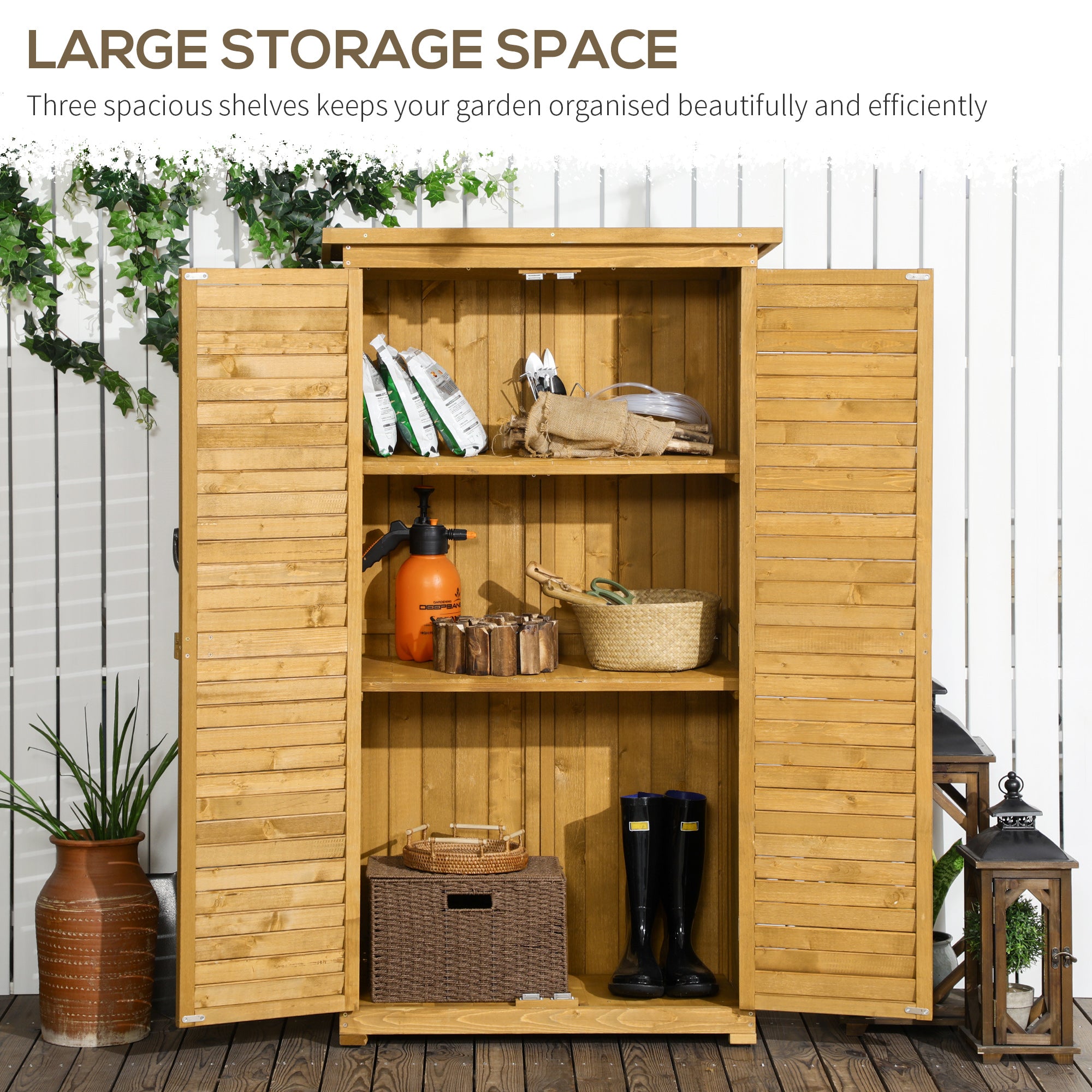 Outsunny Wooden Garden Storage Shed, Compact Utility Sentry Unit, 3-Tier Shelves Tool Cabinet Organizer with Asphalt Roof and Shutter Design, 87cm x 47cm x 160cm 