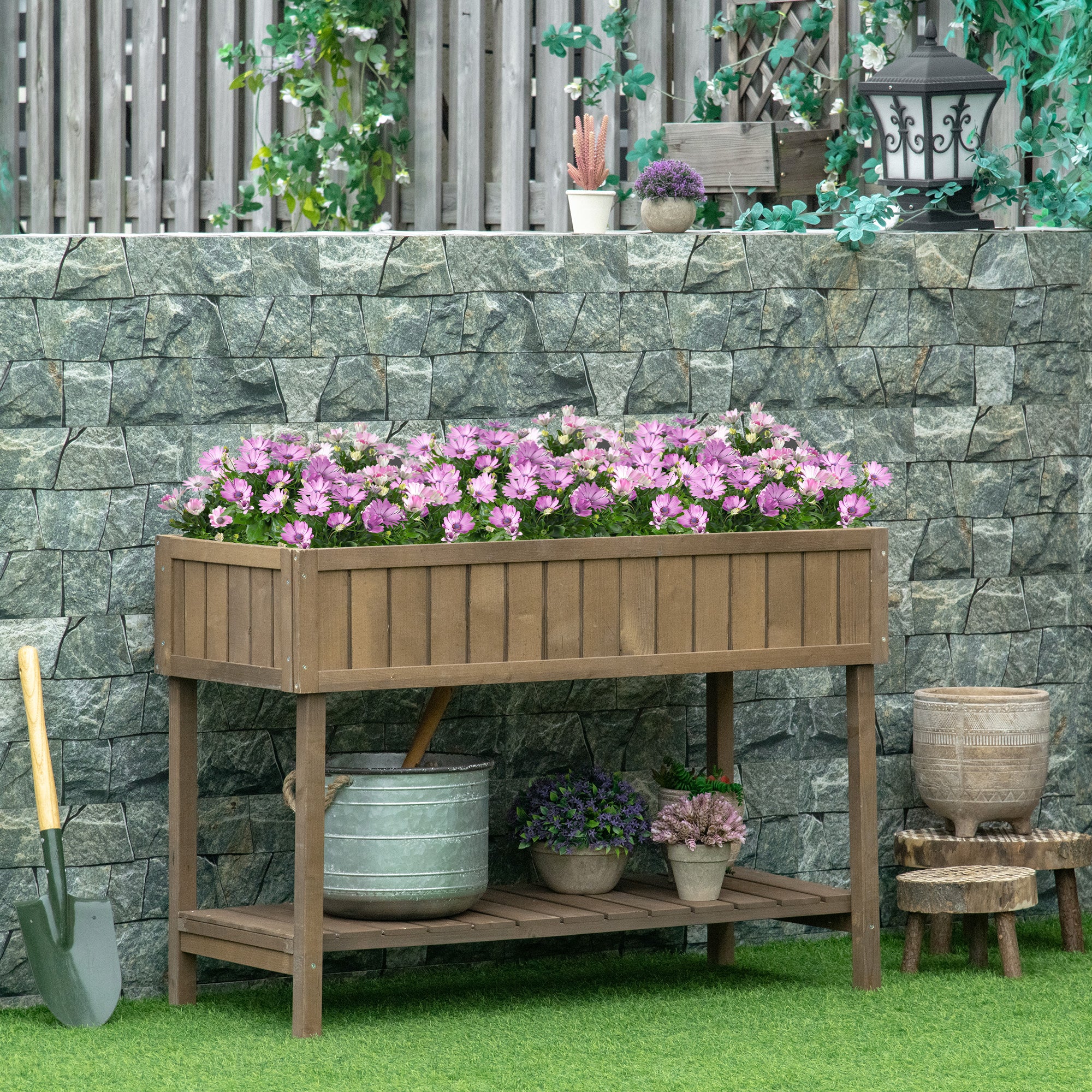 Outsunny Wooden Herb Planter Raised Bed Container Garden Plant Stand Bed 8 Boxes 110L x 46W x 76Hcm Brown 