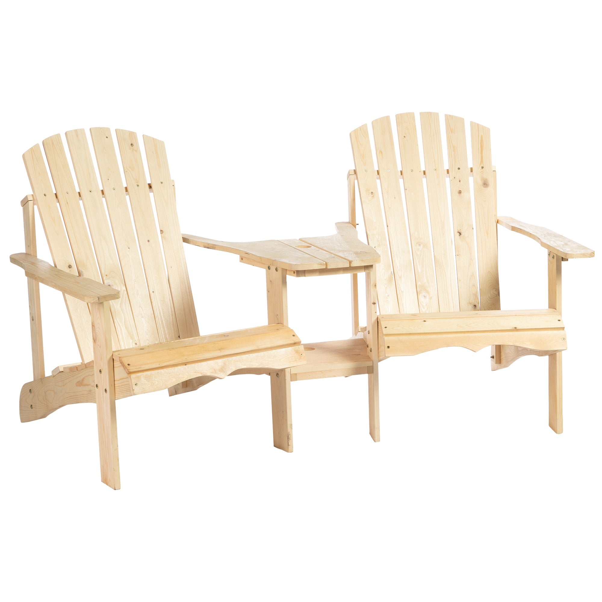 Outsunny Wooden Outdoor Double Adirondack Chairs Loveseat w/ Centre Table and Umbrella Hole, Garden Patio Furniture for Lounging and Relaxing, Natural 