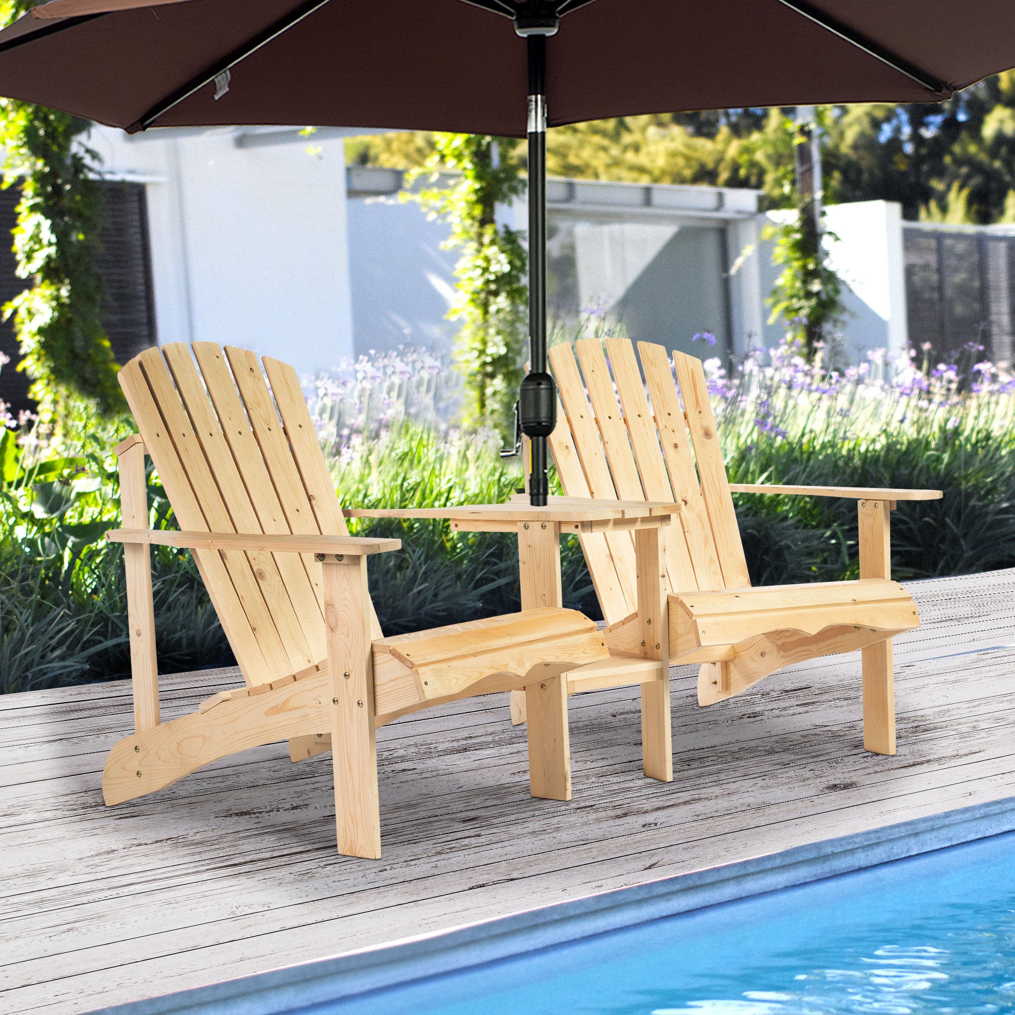 Outsunny Wooden Outdoor Double Adirondack Chairs Loveseat w/ Centre Table and Umbrella Hole, Garden Patio Furniture for Lounging and Relaxing, Natural 