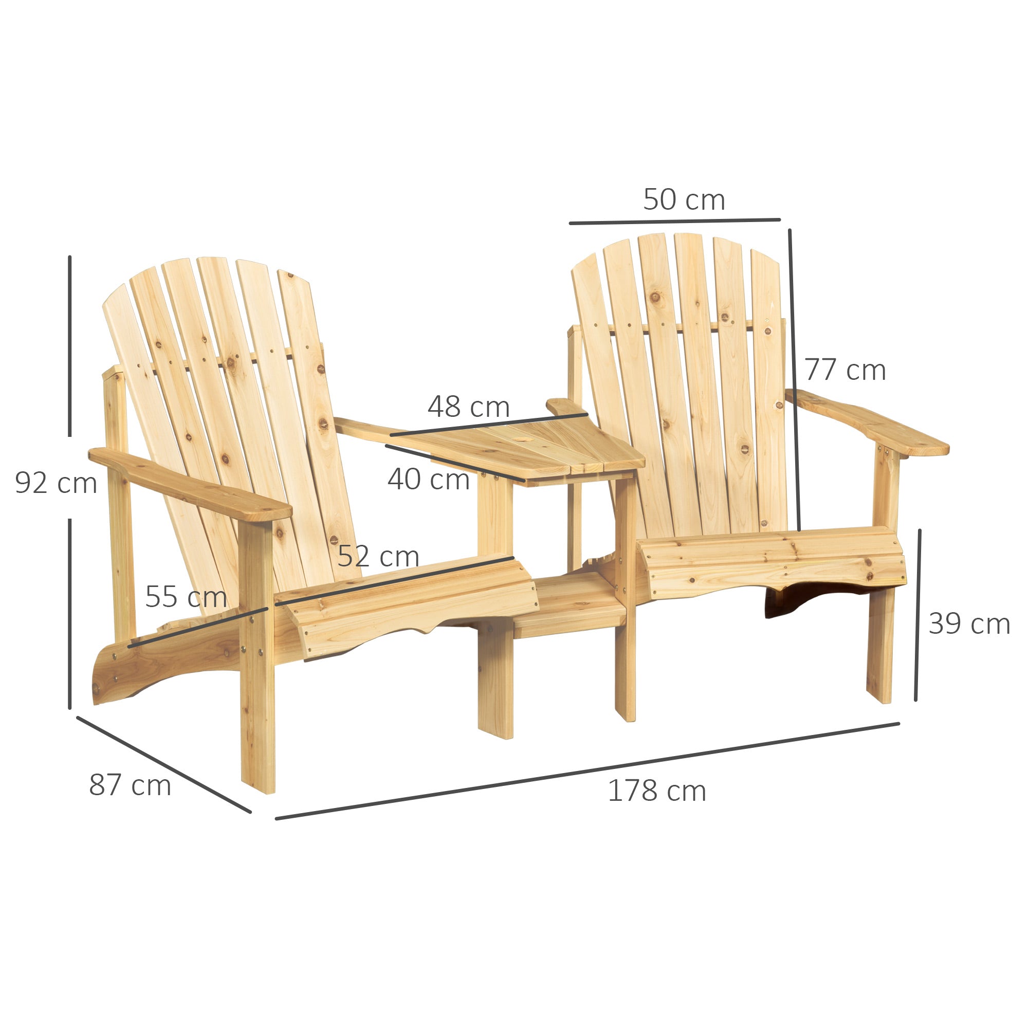 Outsunny Wooden Outdoor Double Adirondack Chairs Loveseat w/ Centre Table and Umbrella Hole, Garden Patio Furniture for Lounging and Relaxing, Natural 