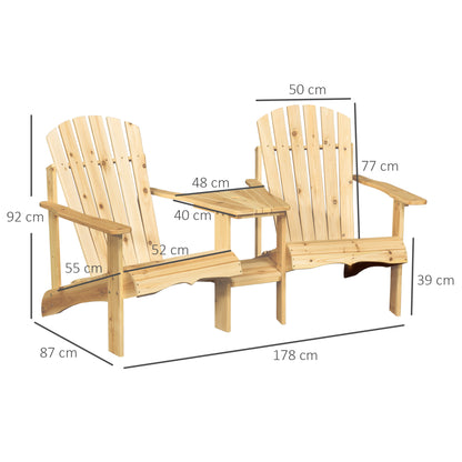 Outsunny Wooden Outdoor Double Adirondack Chairs Loveseat w/ Centre Table and Umbrella Hole, Garden Patio Furniture for Lounging and Relaxing, Natural 