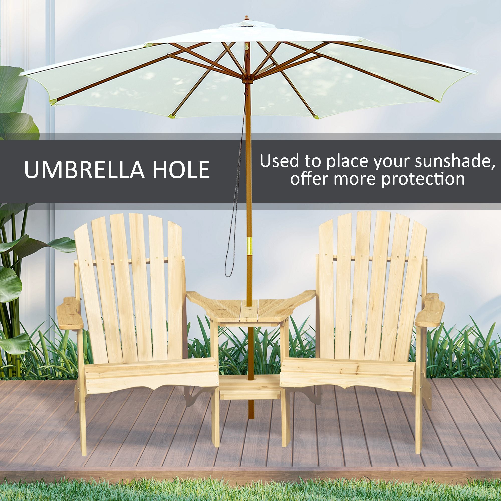 Outsunny Wooden Outdoor Double Adirondack Chairs Loveseat w/ Centre Table and Umbrella Hole, Garden Patio Furniture for Lounging and Relaxing, Natural 