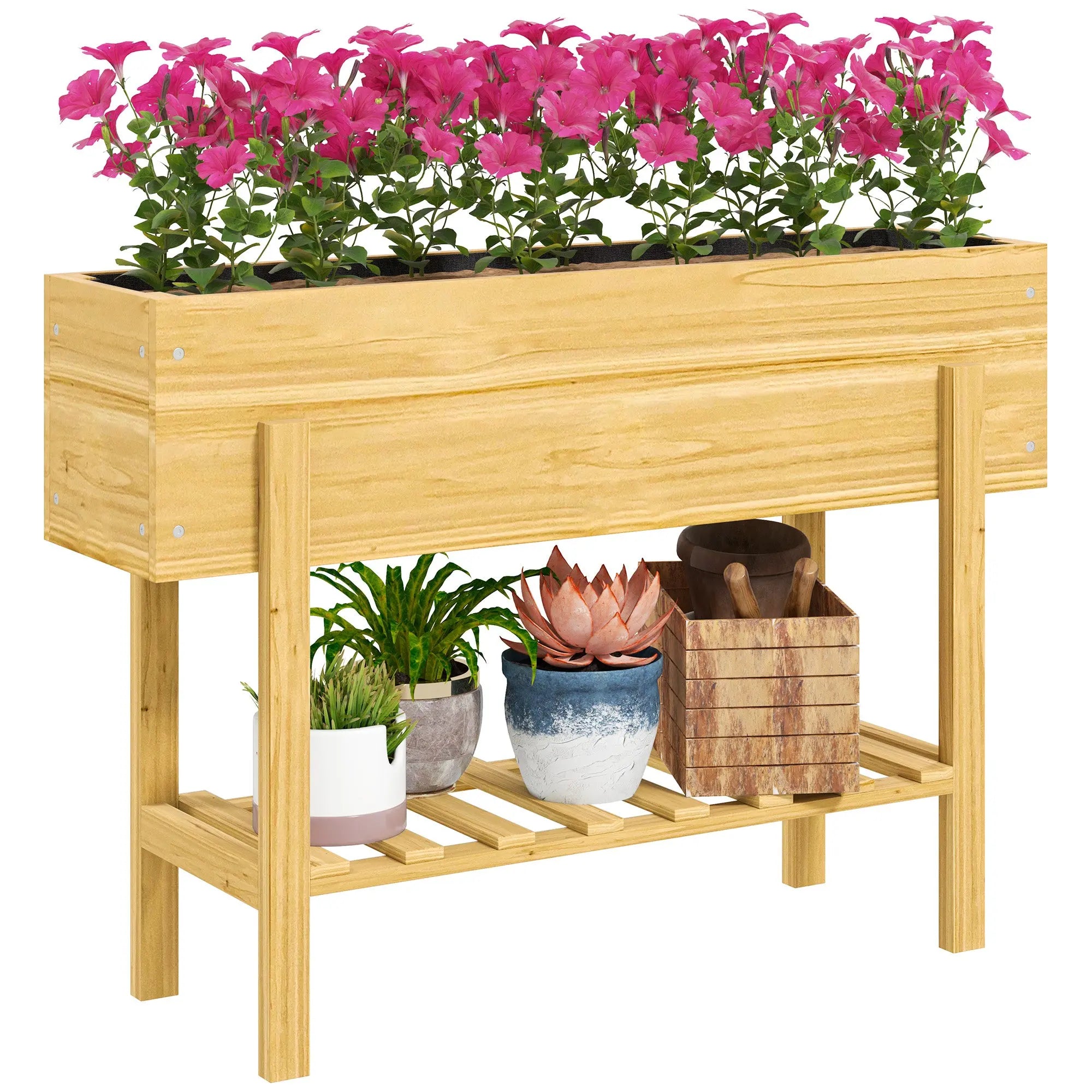 Outsunny Wooden Raised Garden Bed, Elevated Planter Box with Bed Liner, Drainage Holes and Storage Shelf, Raised Planter for Vegetables, Flowers, Herbs, 100 x 30 x 71 cm, Natural Wood Finish 