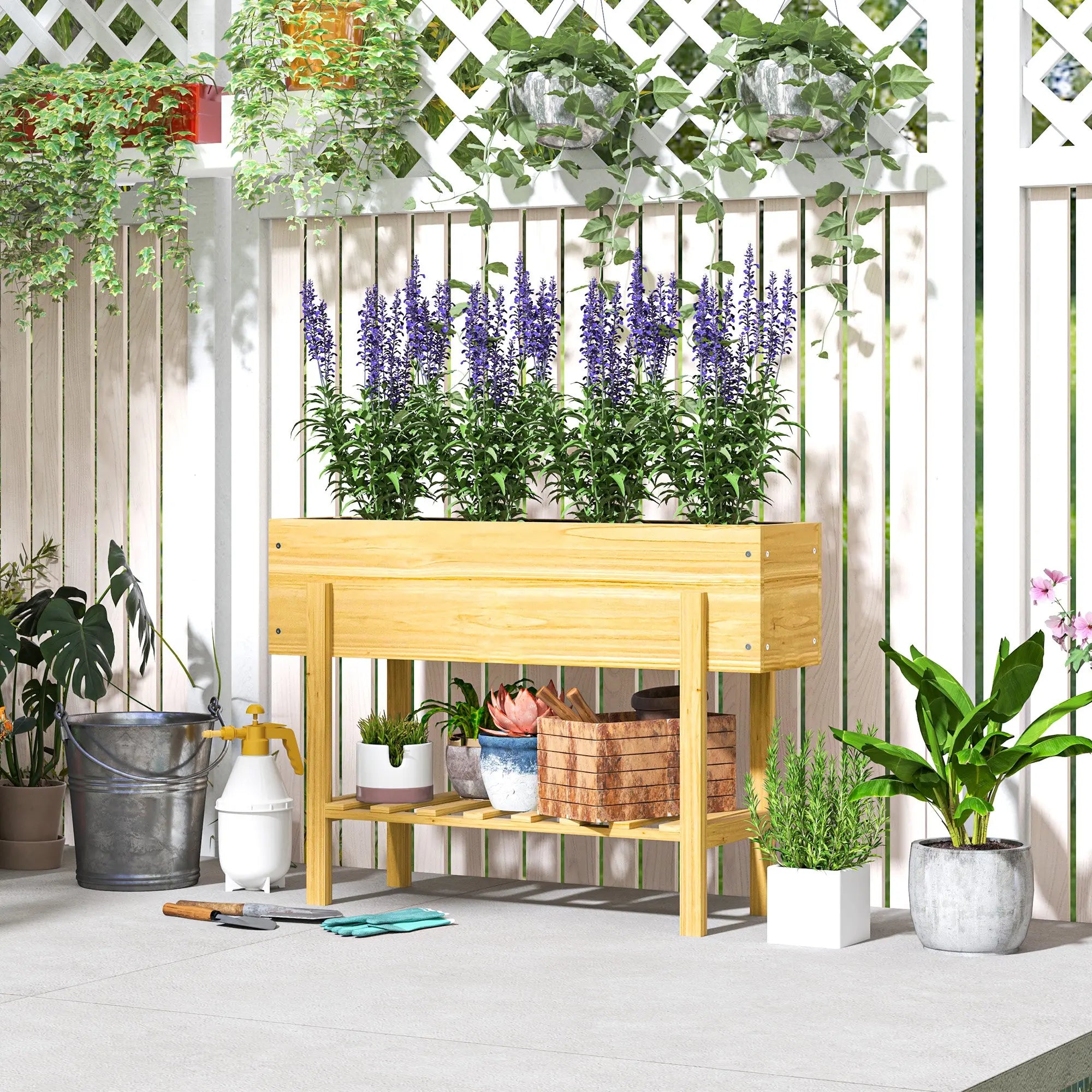 Outsunny Wooden Raised Garden Bed, Elevated Planter Box with Bed Liner, Drainage Holes and Storage Shelf, Raised Planter for Vegetables, Flowers, Herbs, 100 x 30 x 71 cm, Natural Wood Finish 