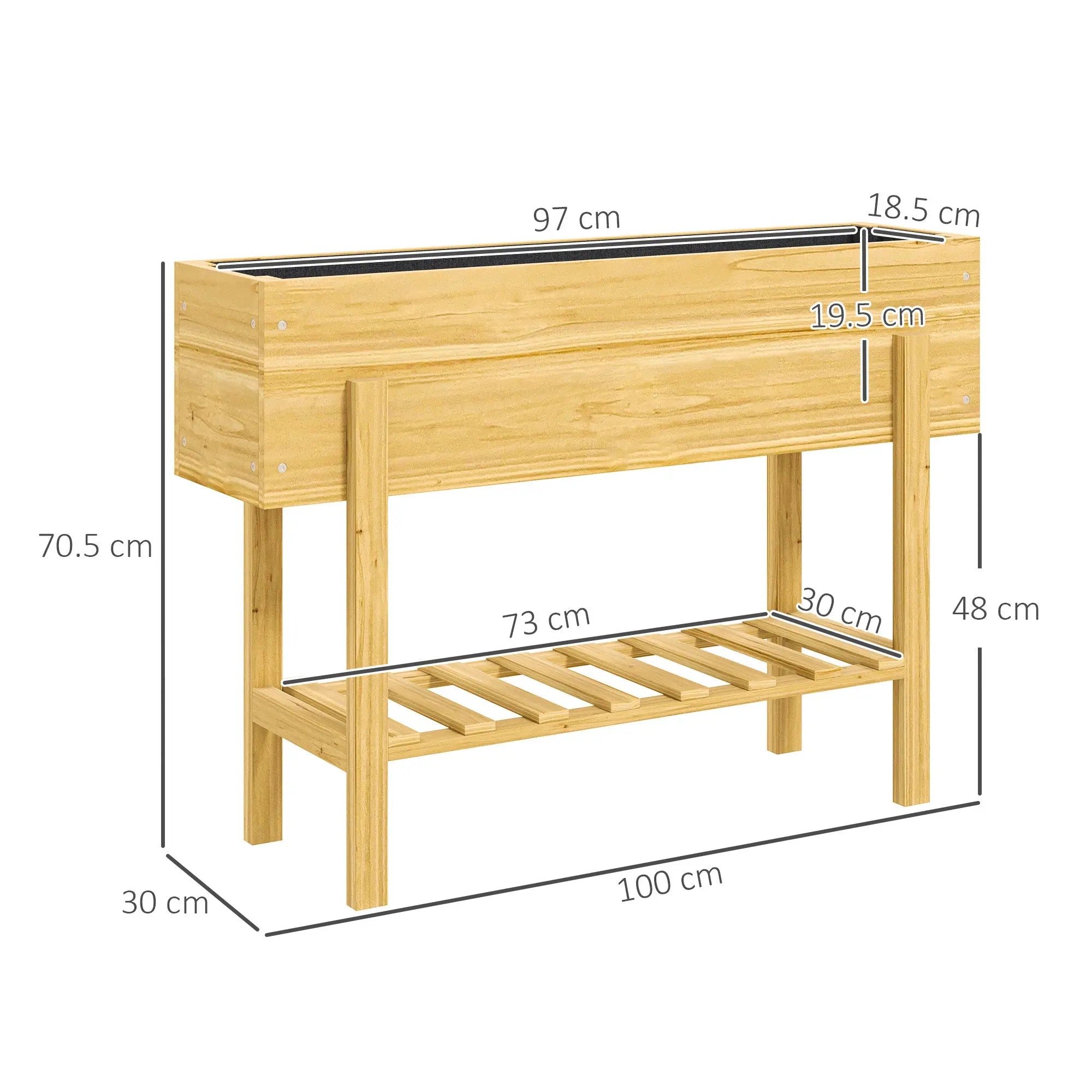 Outsunny Wooden Raised Garden Bed, Elevated Planter Box with Bed Liner, Drainage Holes and Storage Shelf, Raised Planter for Vegetables, Flowers, Herbs, 100 x 30 x 71 cm, Natural Wood Finish 