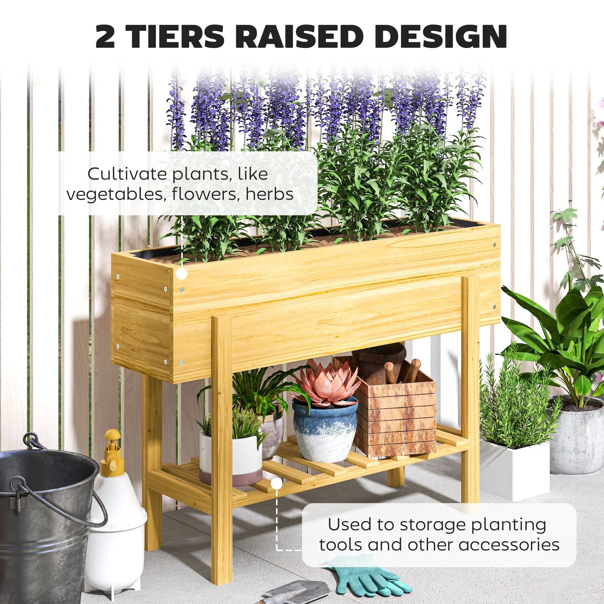 Outsunny Wooden Raised Garden Bed, Elevated Planter Box with Bed Liner, Drainage Holes and Storage Shelf, Raised Planter for Vegetables, Flowers, Herbs, 100 x 30 x 71 cm, Natural Wood Finish 