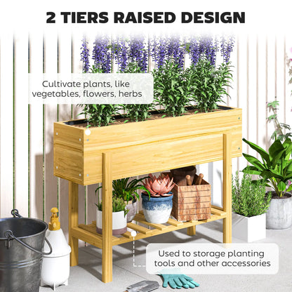 Outsunny Wooden Raised Garden Bed, Elevated Planter Box with Bed Liner, Drainage Holes and Storage Shelf, Raised Planter for Vegetables, Flowers, Herbs, 100 x 30 x 71 cm, Natural Wood Finish 