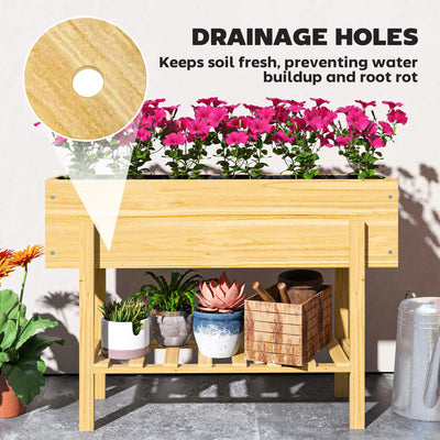 Outsunny Wooden Raised Garden Bed, Elevated Planter Box with Bed Liner, Drainage Holes and Storage Shelf, Raised Planter for Vegetables, Flowers, Herbs, 100 x 30 x 71 cm, Natural Wood Finish 