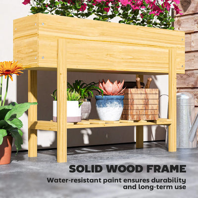 Outsunny Wooden Raised Garden Bed, Elevated Planter Box with Bed Liner, Drainage Holes and Storage Shelf, Raised Planter for Vegetables, Flowers, Herbs, 100 x 30 x 71 cm, Natural Wood Finish 
