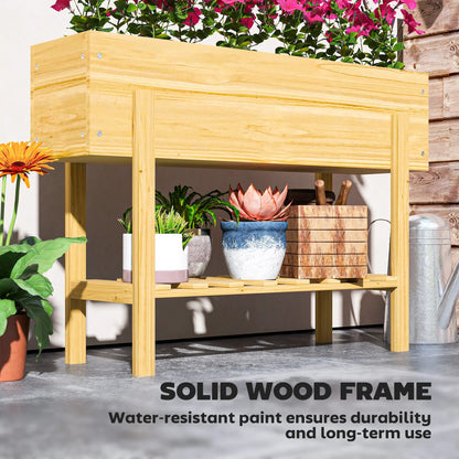 Outsunny Wooden Raised Garden Bed, Elevated Planter Box with Bed Liner, Drainage Holes and Storage Shelf, Raised Planter for Vegetables, Flowers, Herbs, 100 x 30 x 71 cm, Natural Wood Finish 