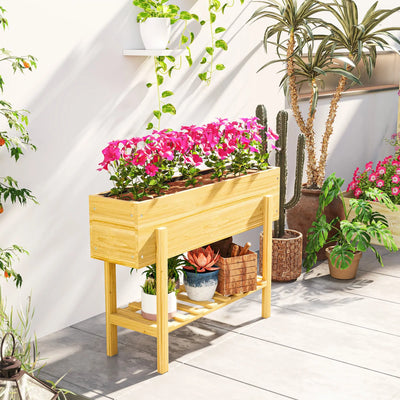 Outsunny Wooden Raised Garden Bed, Elevated Planter Box with Bed Liner, Drainage Holes and Storage Shelf, Raised Planter for Vegetables, Flowers, Herbs, 100 x 30 x 71 cm, Natural Wood Finish 