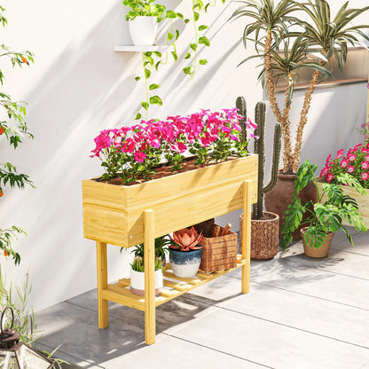 Outsunny Wooden Raised Garden Bed, Elevated Planter Box with Bed Liner, Drainage Holes and Storage Shelf, Raised Planter for Vegetables, Flowers, Herbs, 100 x 30 x 71 cm, Natural Wood Finish 