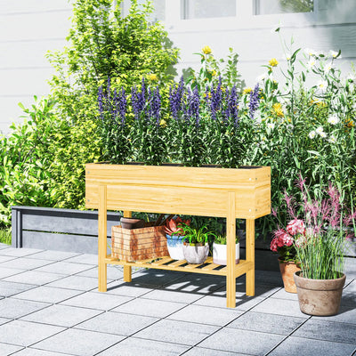 Outsunny Wooden Raised Garden Bed, Elevated Planter Box with Bed Liner, Drainage Holes and Storage Shelf, Raised Planter for Vegetables, Flowers, Herbs, 100 x 30 x 71 cm, Natural Wood Finish 