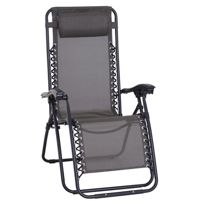Outsunny Zero Gravity Chair Metal Frame Texteline Armchair Outdoor Folding and Reclining Sun Lounger with Head Pillow for Patio Decking Gardens Camping, Grey 