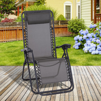 Outsunny Zero Gravity Chair Metal Frame Texteline Armchair Outdoor Folding and Reclining Sun Lounger with Head Pillow for Patio Decking Gardens Camping, Grey 