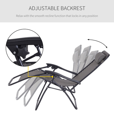 Outsunny Zero Gravity Chair Metal Frame Texteline Armchair Outdoor Folding and Reclining Sun Lounger with Head Pillow for Patio Decking Gardens Camping, Grey 