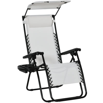 Outsunny Zero Gravity Garden Folding Patio Sun Lounger w/Cup Holder & Canopy Shade White 