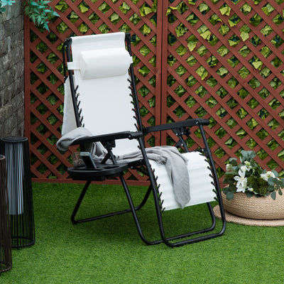Outsunny Zero Gravity Garden Folding Patio Sun Lounger w/Cup Holder & Canopy Shade White 
